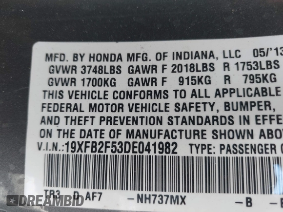 2013 Honda Civic LX with VIN 19XFB2F53DE041982, listed as a IAAI auction lot 42356828 with 127,350 mi miles and . Bid and sale history available at DreamBid. Image 9.