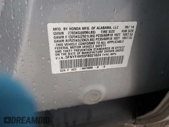 2015 Honda Pilot EX-L with VIN 5FNYF4H55FB021624, listed as a Copart auction lot 46852175 with 94,996 mi miles and Salvage Title. Bid and sale history available at carsss.com. Image 14.