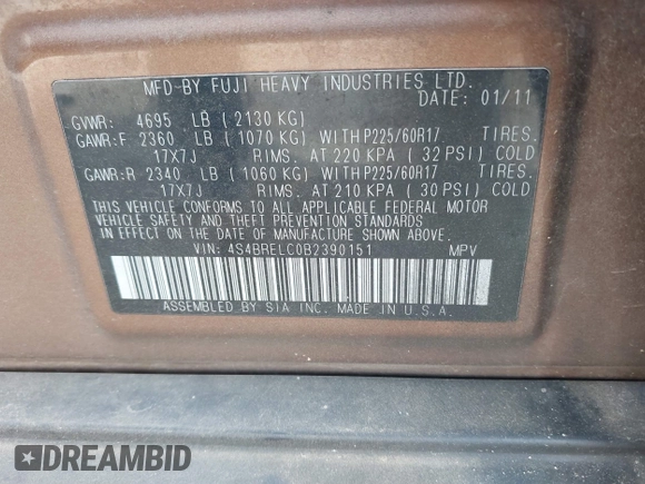 2011 Subaru Outback Limited Power Moon with VIN 4S4BRELC0B2390151, listed as a IAAI auction lot 41732654 with 247,155 mi miles and . Bid and sale history available at DreamBid. Image 9.