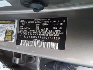 2013 Kia Optima EX with VIN 5XXGN4A7XDG173189, listed as a IAAI auction lot 41753807 with 141,208 mi miles. Bid and sale history available at carsss.com. Image 9.