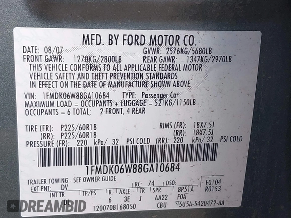 2008 Ford Taurus X Limited with VIN 1FMDK06W88GA10684, listed as a IAAI auction lot 40830704 with 110,618 mi miles and . Bid and sale history available at DreamBid. Image 9.