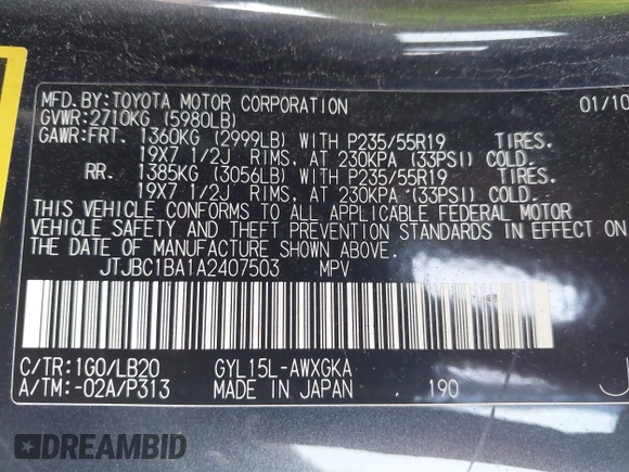 2010 Lexus RX 450h with VIN JTJBC1BA1A2407503, listed as a IAAI auction lot 42350836 with 203,687 mi miles and . Bid and sale history available at DreamBid. Image 9.