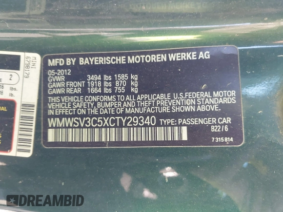 2012 MINI Hardtop S с VIN WMWSV3C5XCTY29340, выставлен на аукционе IAAI как лот 41617869 с пробегом 162 676 миль миль и . История ставок и продаж доступна на DreamBid. Изображение 9.