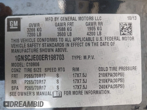 2014 Chevrolet Suburban LT with VIN 1GNSCJE00ER198703, listed as a IAAI auction lot 41952805 with 228,579 mi miles and . Bid and sale history available at DreamBid. Image 9.