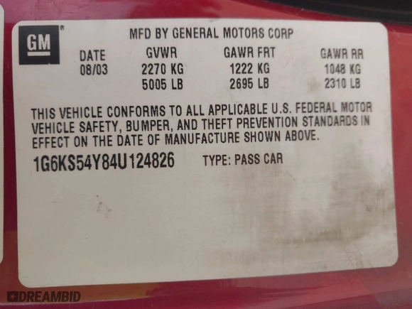 2004 Cadillac Seville Luxury SLS with VIN 1G6KS54Y84U124826, listed as a IAAI auction lot 41933620 with 158,535 mi miles. Bid and sale history available at carsss.com. Image 9.