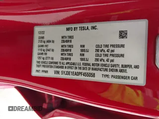 2023 Tesla Model 3 with VIN 5YJ3E1EA0PF455058, listed as a IAAI auction lot 42201618 with 31,147 mi miles and . Bid and sale history available at DreamBid. Image 9.
