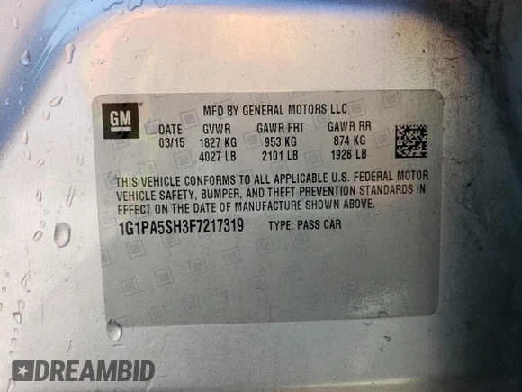 2015 Chevrolet Cruze LS z VIN 1G1PA5SH3F7217319, wystawiony jako Copart lot #48901504 z przebiegiem 133 266 mil mil oraz Szkoda całkowita • Salvage title. Historia ofert i sprzedaży dostępna na DreamBid. Obrazek 12.