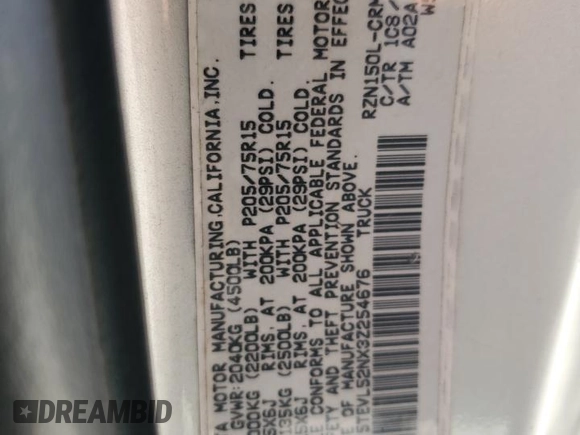 2003 Toyota Tacoma with VIN 5TEVL52NX3Z254676, listed as a Copart auction lot 60405355 with 222,872 mi miles and Salvage title. Bid and sale history available at DreamBid. Image 12.