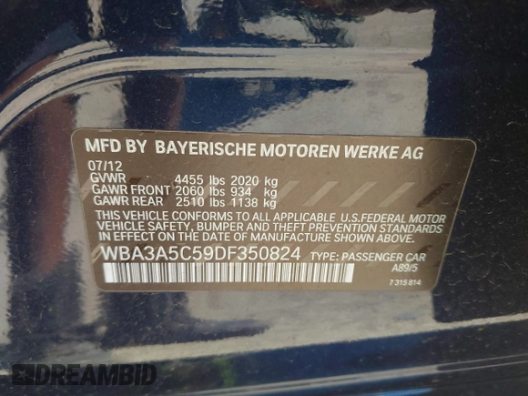 2013 BMW 3 Series 328i with VIN WBA3A5C59DF350824, listed as a IAAI auction lot 42206371 with Not provided miles and . Bid and sale history available at DreamBid. Image 9.