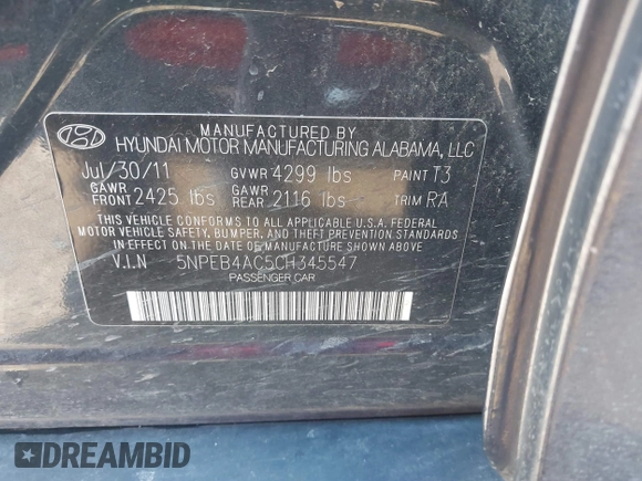2012 Hyundai Sonata GLS with VIN 5NPEB4AC5CH345547, listed as a IAAI auction lot 41761392 with 229,608 mi miles. Bid and sale history available at carsss.com. Image 9.