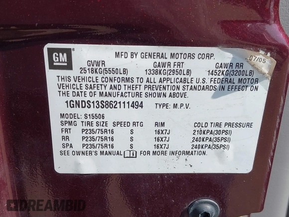 2006 Chevrolet TrailBlazer LS with VIN 1GNDS13S862111494, listed as a IAAI auction lot 42100731 with 234,121 mi miles and . Bid and sale history available at DreamBid. Image 9.