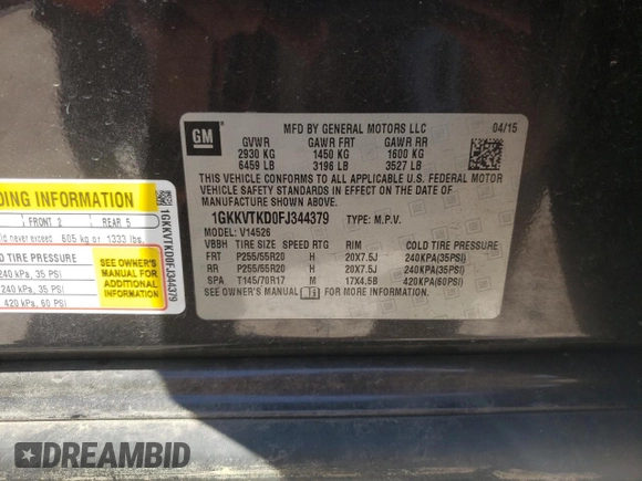 2015 GMC Acadia Denali with VIN 1GKKVTKD0FJ344379, listed as a Copart auction lot 50775585 with 141,975 mi miles and Clean Title. Bid and sale history available at carsss.com. Image 13.