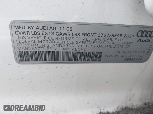 2009 Audi A6 Prestige with VIN WAUWG74F59N022960, listed as a IAAI auction lot 42640793 with 121,327 mi miles and . Bid and sale history available at DreamBid. Image 9.