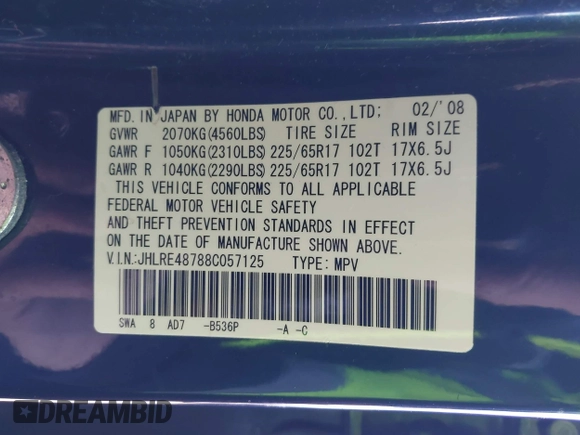 2008 Honda CR-V EX-L with VIN JHLRE48788C057125, listed as a IAAI auction lot 41759754 with 176,327 mi miles. Bid and sale history available at carsss.com. Image 9.