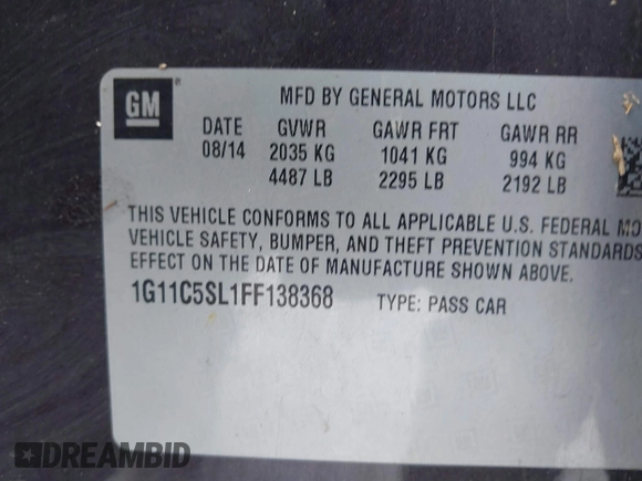 2015 Chevrolet Malibu LT with VIN 1G11C5SL1FF138368, listed as a IAAI auction lot 41271788 with 180,572 mi miles and . Bid and sale history available at DreamBid. Image 9.
