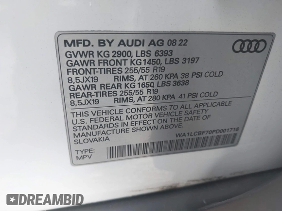 2023 Audi Q7 Premium Plus with VIN WA1LCBF70PD001716, listed as a IAAI auction lot 40373883 with 35,480 mi miles and . Bid and sale history available at DreamBid. Image 9.