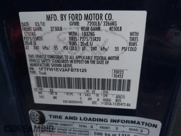 2010 Ford F-150 XL z VIN 1FTFW1EV2AFB75125, wystawiony jako IAAI lot #41835923 z przebiegiem 219 460 mil mil oraz . Historia ofert i sprzedaży dostępna na DreamBid. Obrazek 9.