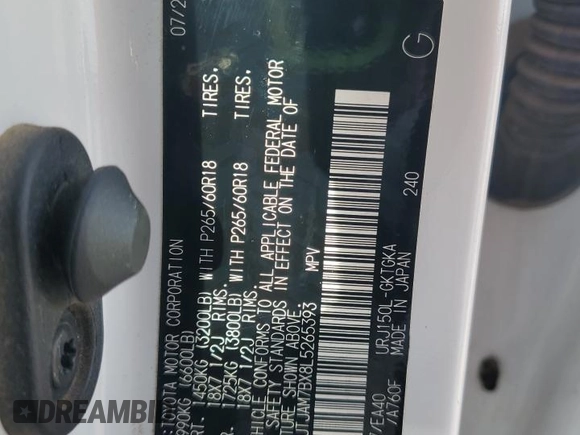 2020 Lexus GX 460 Premium with VIN JTJAM7BX8L5265393, listed as a Copart auction lot 54783925 with 61,066 mi miles and Salvage title. Bid and sale history available at DreamBid. Image 13.