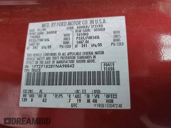 2000 Ford F-150 XL with VIN 1FTZF1828YNA98842, listed as a Copart auction lot 45170545 with 130,634 mi miles and Clean title. Bid and sale history available at DreamBid. Image 12.