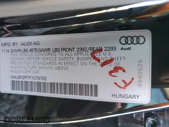 2015 Audi A3 2.0T Premium Plus with VIN WAUEFGFF7F1076792, listed as a Copart auction lot 37196914 with 129,162 mi miles. Bid and sale history available at carsss.com. Image 13.