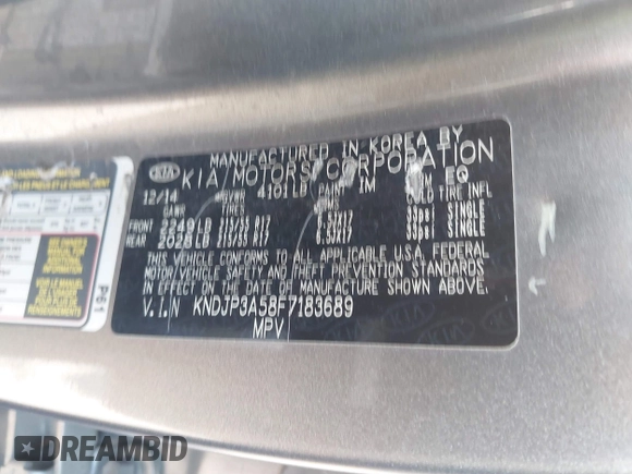 2015 Kia Soul + with VIN KNDJP3A58F7183689, listed as a IAAI auction lot 41884776 with 141,239 mi miles and . Bid and sale history available at DreamBid. Image 9.