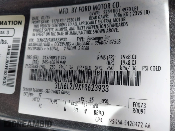 2015 Lincoln MKZ with VIN 3LN6L2J9XFR623933, listed as a IAAI auction lot 41799821 with 85,388 mi miles and . Bid and sale history available at DreamBid. Image 9.