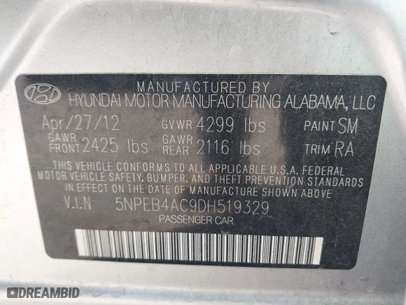 2013 Hyundai Sonata GLS with VIN 5NPEB4AC9DH519329, listed as a IAAI auction lot 42013863 with 102,835 mi miles. Bid and sale history available at carsss.com. Image 9.