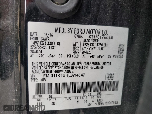 2017 Ford Expedition Limited z VIN 1FMJU1KT5HEA14847, wystawiony jako Copart lot #52169475 z przebiegiem 174 258 mil mil oraz Szkoda całkowita • Salvage title. Historia ofert i sprzedaży dostępna na DreamBid. Obrazek 14.