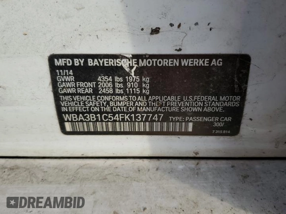 2015 BMW 3 Series 320i with VIN WBA3B1C54FK137747, listed as a Copart auction lot 42174305 with 0 mi miles and Salvage Title. Bid and sale history available at carsss.com. Image 12.