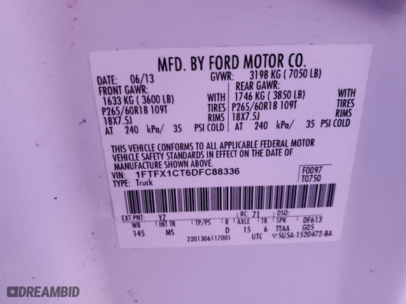 2013 Ford F-150 XL with VIN 1FTFX1CT6DFC88336, listed as a Copart auction lot 84088974 with 124,538 mi miles and Salvage Title. Bid and sale history available at carsss.com. Image 14.