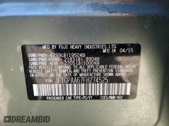 2015 Subaru Impreza 2.0i с VIN JF1GPAA67FH274525, выставлен на аукционе Copart как лот 49233955 с пробегом 128 361 миль миль и Списание • Salvage title. История ставок и продаж доступна на DreamBid. Изображение 12.