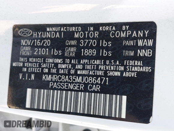 2021 Hyundai Venue SEL with VIN KMHRC8A35MU086471, listed as a IAAI auction lot 42164317 with 54,891 mi miles and . Bid and sale history available at DreamBid. Image 9.