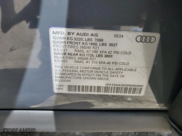 2024 Audi Q8 e-tron Premium Plus with VIN WA15AAGE0RB060883, listed as a Copart auction lot 69075094 with NaN miles and Salvage Title. Bid and sale history available at carsss.com. Image 13.