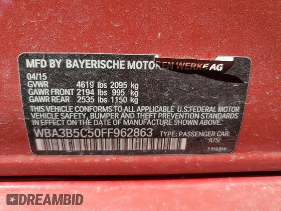 2015 BMW 3 Series 328i xDrive with VIN WBA3B5C50FF962863, listed as a Copart auction lot 54935465 with 80,837 mi miles and Salvage title. Bid and sale history available at DreamBid. Image 12.