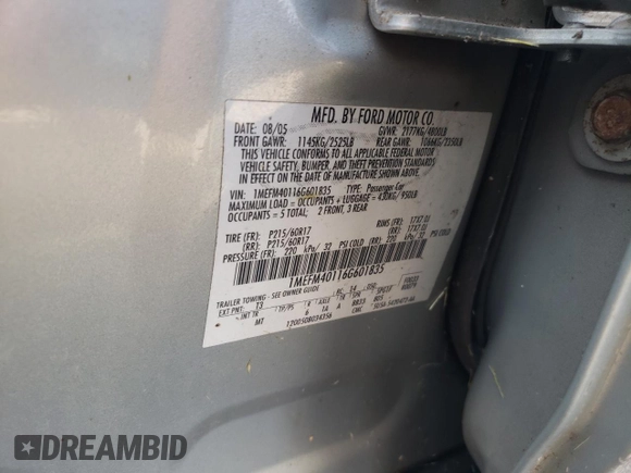2006 Mercury Montego Luxury z VIN 1MEFM40116G601835, wystawiony jako Copart lot #85929224 z przebiegiem Nie podano mil oraz Szkoda całkowita • Salvage title. Historia ofert i sprzedaży dostępna na DreamBid. Obrazek 12.