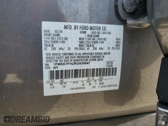 2024 Ford Explorer Limited z VIN 1FMSK7FH2RGA59947, wystawiony jako Copart lot #57084345 z przebiegiem 31 431 mil mil oraz Szkoda całkowita • Salvage title. Historia ofert i sprzedaży dostępna na DreamBid. Obrazek 13.