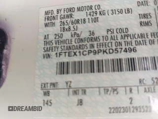 2023 Ford F-150 XL with VIN 1FTEX1CP9PKD57496, listed as a IAAI auction lot 40744859 with 56,487 mi miles and . Bid and sale history available at DreamBid. Image 9.