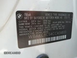 2012 BMW 7 Series 750Li xDrive z VIN WBAKC8C54CC434833, wystawiony jako Copart lot #54531455 z przebiegiem 110 959 mil mil oraz Szkoda całkowita • Salvage title. Historia ofert i sprzedaży dostępna na DreamBid. Obrazek 12.