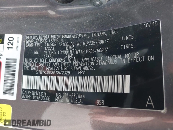 2015 Toyota Sienna XLE with VIN 5TDYK3DC6FS672329, listed as a IAAI auction lot 41908974 with 117,950 mi miles. Bid and sale history available at carsss.com. Image 9.