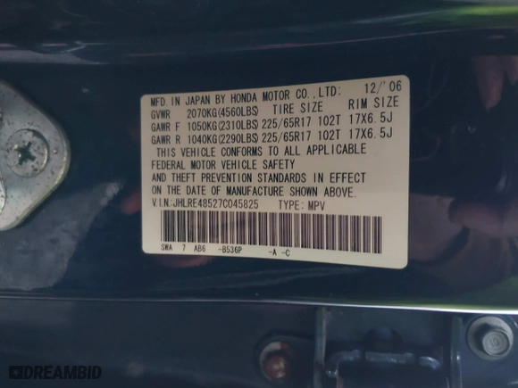 2007 Honda CR-V EX with VIN JHLRE48527C045825, listed as a IAAI auction lot 41973004 with 174,082 mi miles. Bid and sale history available at carsss.com. Image 9.