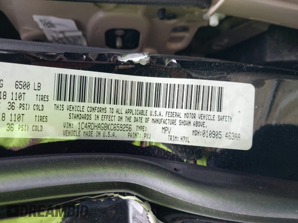 2019 Dodge Durango SXT Plus with VIN 1C4RDHAG8KC659256, listed as a IAAI auction lot 40781591 with Not Provided miles and . Bid and sale history available at DreamBid. Image 9.