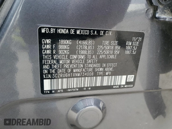 2022 Honda HR-V Sport with VIN 3CZRU6H1XNM734008, listed as a Copart auction lot 50992365 with 143,569 mi miles and Salvage Title. Bid and sale history available at carsss.com. Image 14.