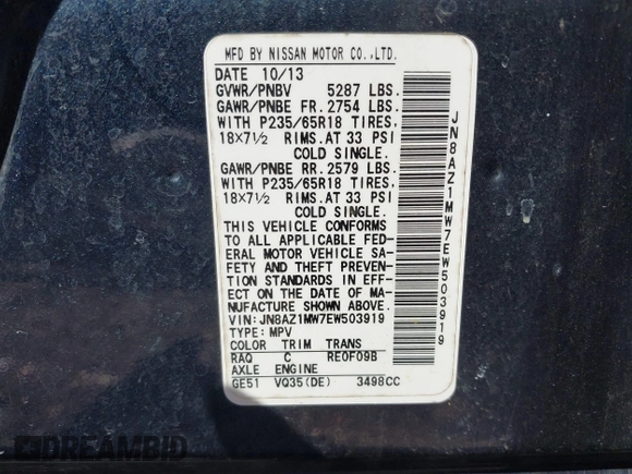 2014 Nissan Murano S with VIN JN8AZ1MW7EW503919, listed as a IAAI auction lot 41622272 with 136,590 mi miles and . Bid and sale history available at DreamBid. Image 9.