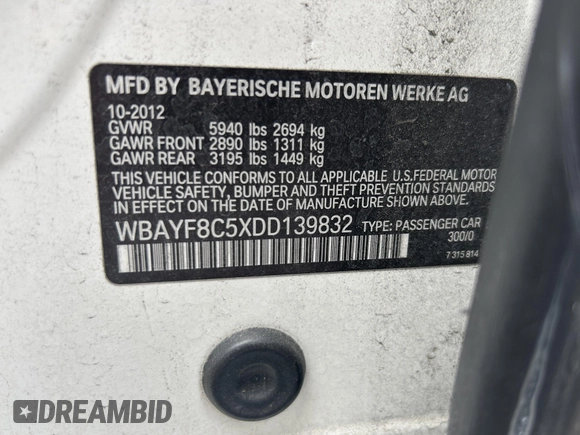 2013 BMW 7 Series 750Li xDrive with VIN WBAYF8C5XDD139832, listed as a IAAI auction lot 42487869 with 149,480 mi miles and . Bid and sale history available at DreamBid. Image 9.