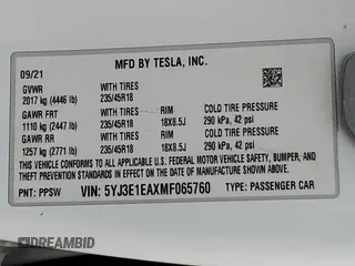 2021 Tesla Model 3 Standard Range Plus z VIN 5YJ3E1EAXMF065760, wystawiony jako Copart lot #54235345 z przebiegiem 54 413 mil mil oraz Szkoda całkowita • Salvage title. Historia ofert i sprzedaży dostępna na DreamBid. Obrazek 12.