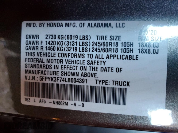 2020 Honda Ridgeline RTL-E z VIN 5FPYK3F74LB004391, wystawiony jako Copart lot #50100715 z przebiegiem 27 076 mil mil oraz Szkoda całkowita • Salvage title. Historia ofert i sprzedaży dostępna na DreamBid. Obrazek 12.