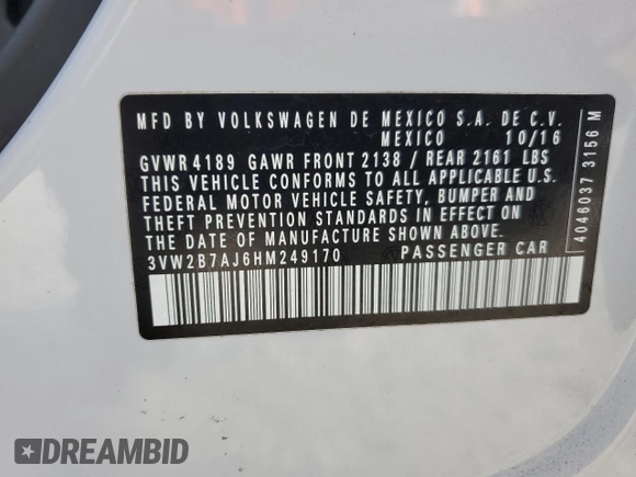 2017 Volkswagen Jetta S with VIN 3VW2B7AJ6HM249170, listed as a Copart auction lot 66293765 with 107,172 mi miles and Salvage title. Bid and sale history available at DreamBid. Image 13.