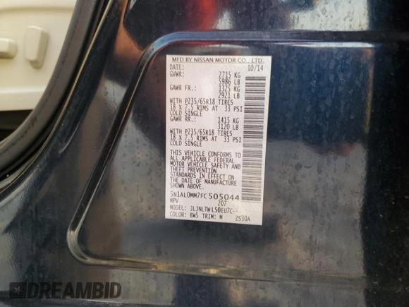 2015 Infiniti QX60 with VIN 5N1AL0MM7FC505044, listed as a Copart auction lot 50347925 with 82,514 mi miles and Salvage title. Bid and sale history available at DreamBid. Image 14.