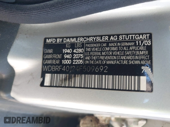 2004 Mercedes-Benz C 230 Kompressor with VIN WDBRF40J24F509692, listed as a IAAI auction lot 41350275 with 210,624 mi miles and . Bid and sale history available at DreamBid. Image 9.