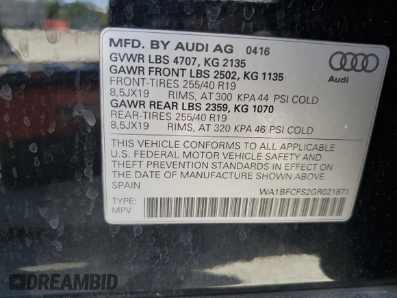 2016 Audi Q3 Premium Plus z VIN WA1BFCFS2GR021871, wystawiony jako Copart lot #56348965 z przebiegiem 66 099 mil mil oraz Szkoda całkowita • Salvage title. Historia ofert i sprzedaży dostępna na DreamBid. Obrazek 13.
